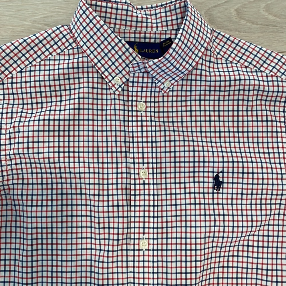 Ralph Lauren red/blue check button down shirt.  Perfect condition.  Size L 14/16